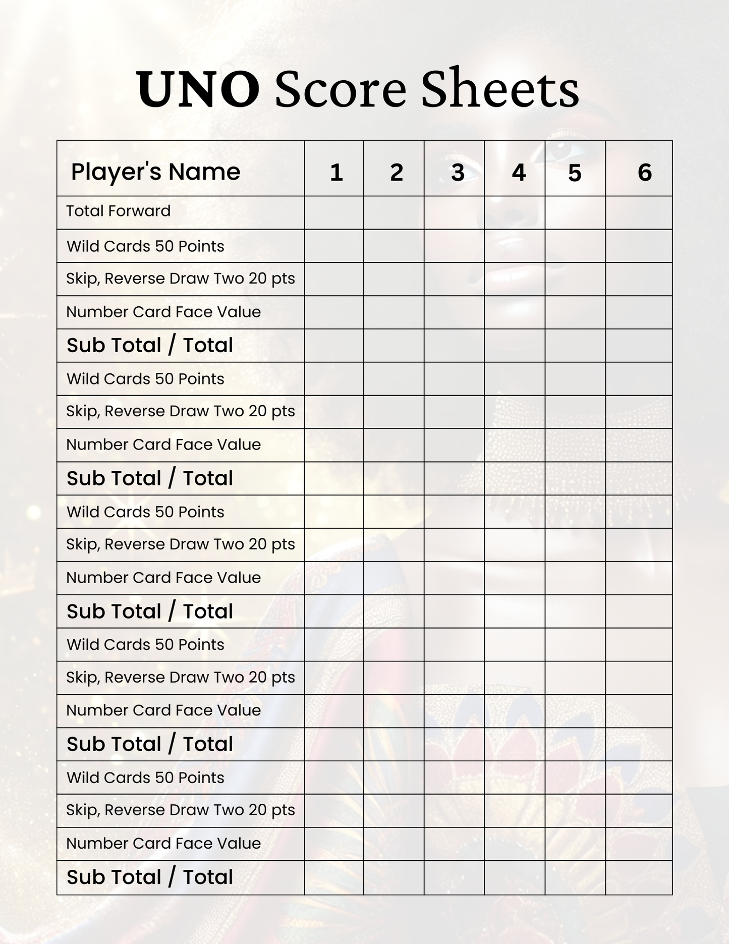 Uno Score Book (BLACK WOMAN) Template