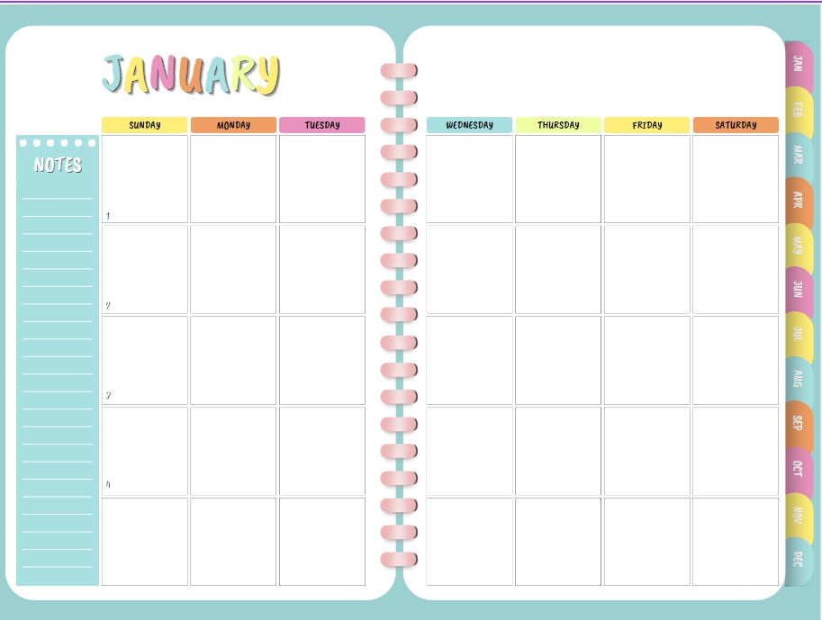 Colorful Monthly Digital Planner (Undated) (Editable)